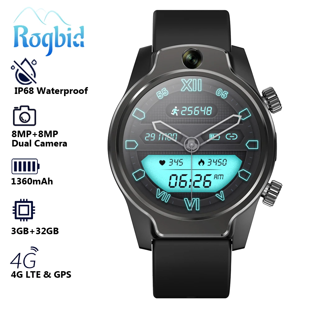 Смарт часы Rogbid Brave 4G LTE для телефона экран 1 69 дюйма 450*450 3 ГБ + 32 1360 мАч двойная