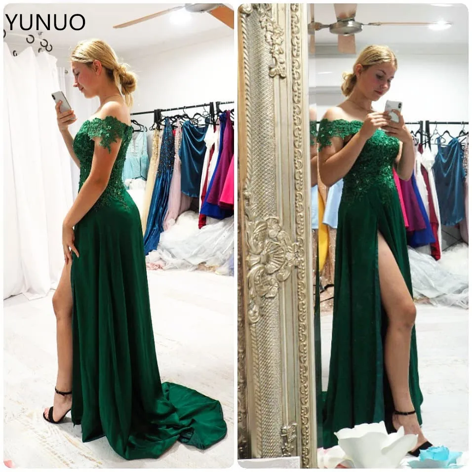 

YUNUO Off Shoulder Lace Evening Dresses Long robe de soiree Appliques A-line Formal Party Gowns Satin Side Slit Prom Dress