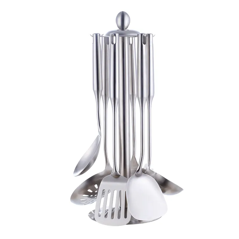 Silver 7 pcs 4/7 шт набор кухонных принадлежностей из нержавеющей стали, кухонные инструменты с длинной ручкой, матовые полировальные шлицевые Тернер, золотые кухонные аксессуары, посуда - Цвет: Silver 7 pcs