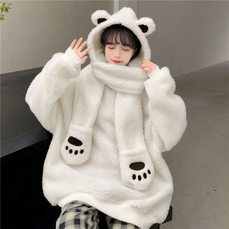 Мягкая теплая шапка шарф с медведем милая толстовка из овечьей шерсти женское