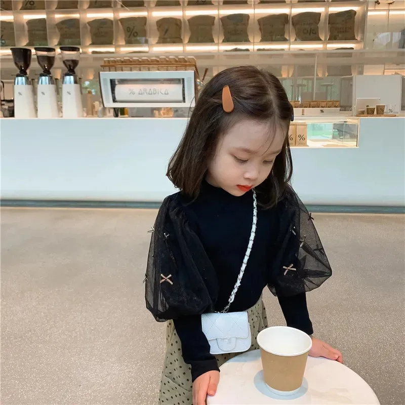 Детские футболки для девочек осенние корейские сетчатые рубашки с