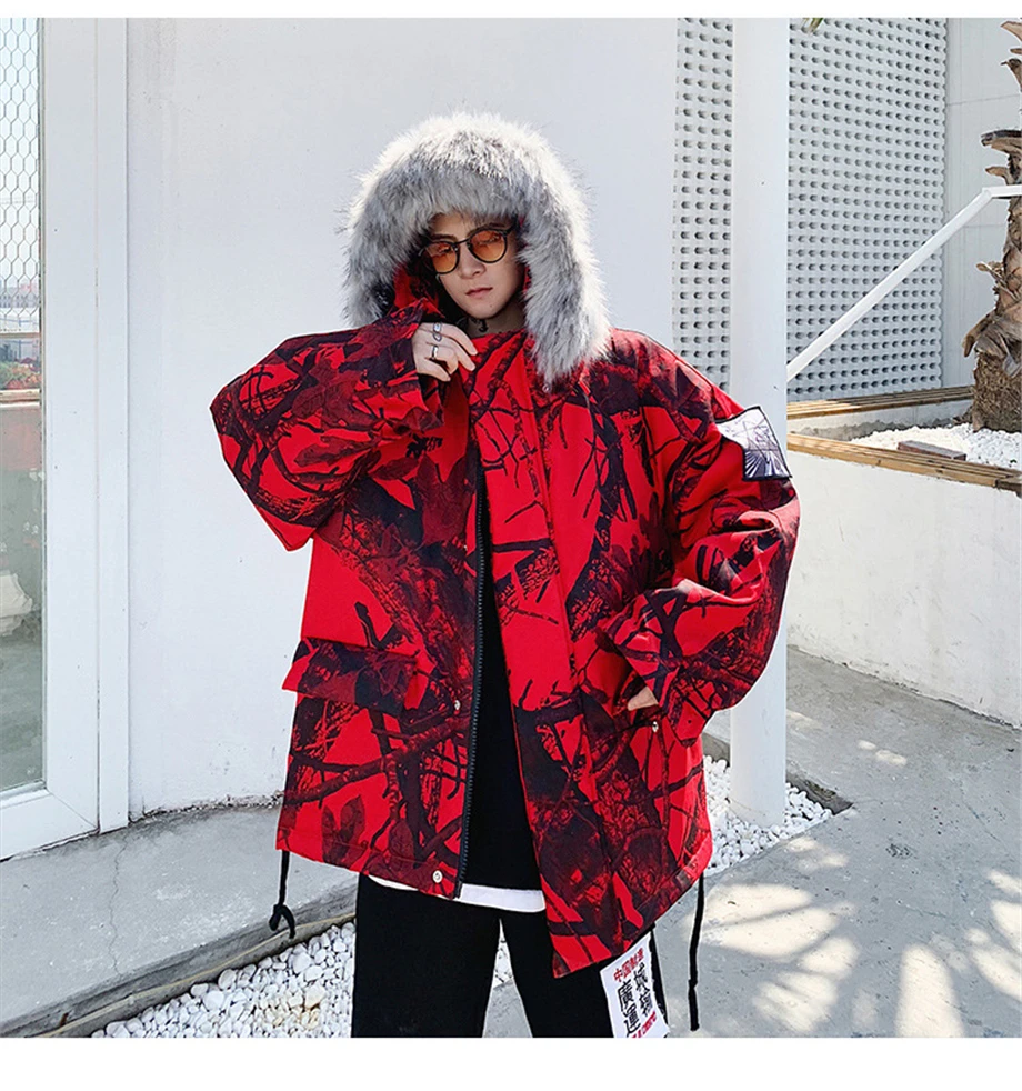 Winter Hip Hop Parkas Men Camouflage Jackets Fur Collar Hooded Thick Windbreaker Coats Outwear Streetwear Plus Size HZ158