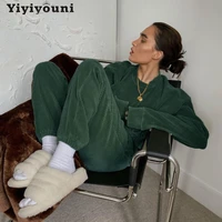 yiyiyouni autumn winter corduroy tracksuits 2 pieces pants sets women velvet oversized pullovers and sweatpants female outfits