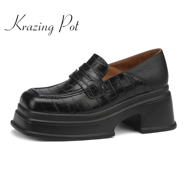 

krazing pot large size genuine leather square toe high heels platform concise solid deep mouth slip on leisure women pumps L08