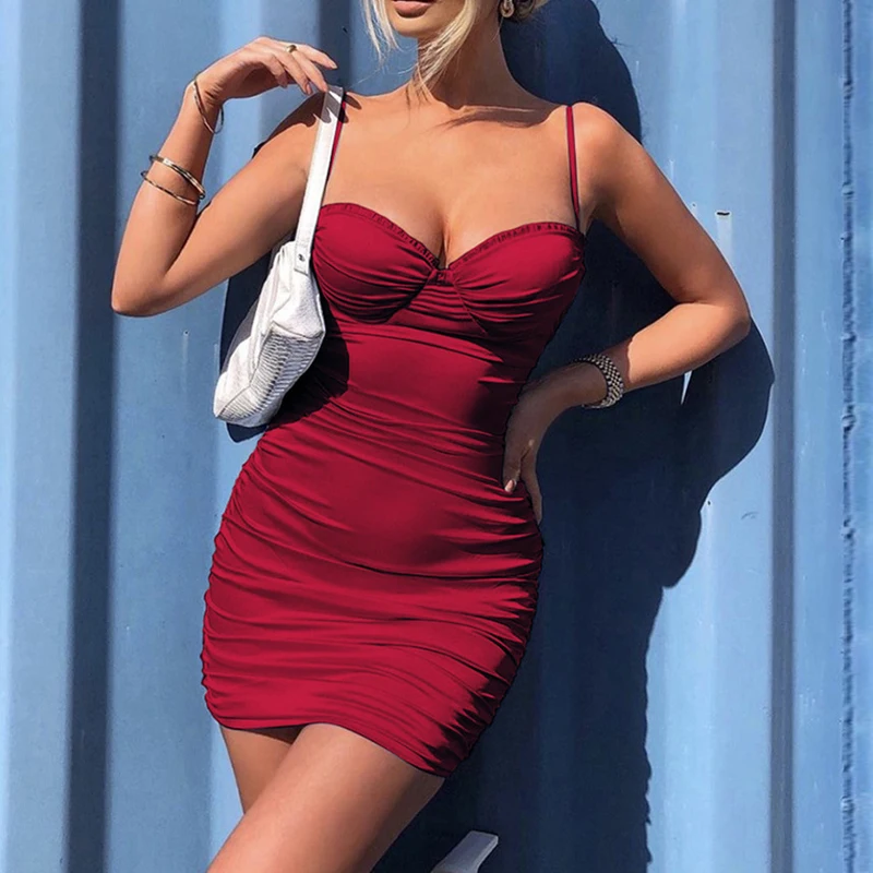 

Sexy Ruffles Ruched Mini Dress Backless Stretch Sleeveless Slim Fit Sexy Summer Dress Women Fashion Robe Party Wear