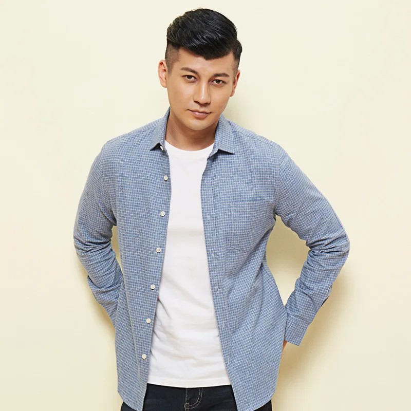 Мужская фланелевая рубашка синяя и черная хлопковая в клетку с длинным рукавом