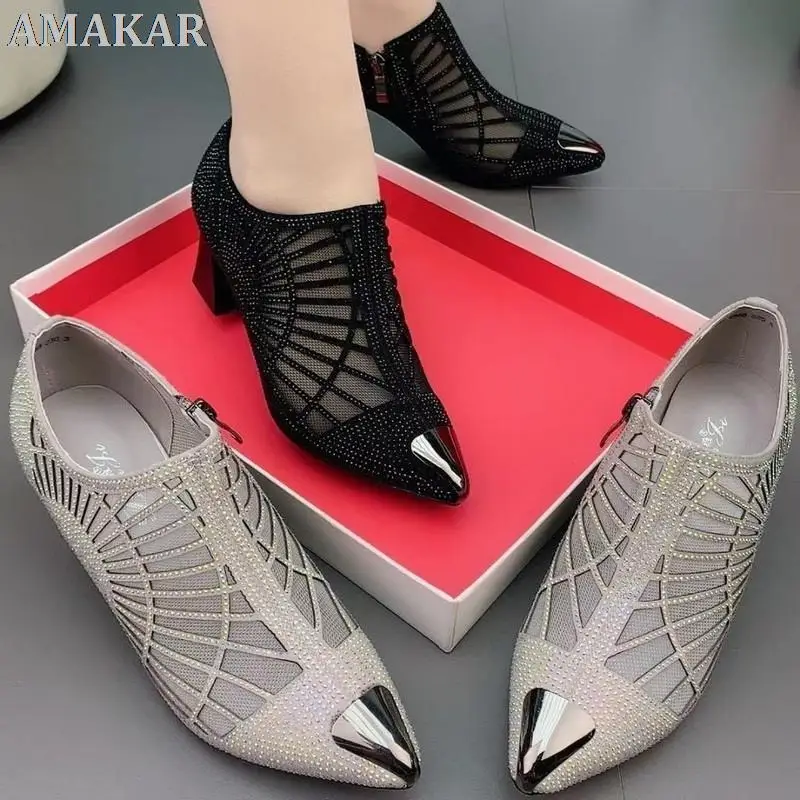 

2021 Autumn Women Naked Boots,Sexy Hollow out Rhinestone Mesh Shoes,Fashion Summer Heels,Pointed toe,BLACK,GREY,Dropshipping
