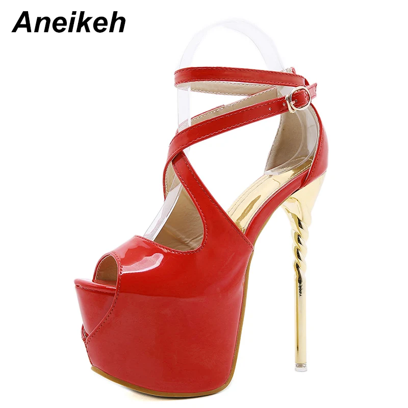 

Aneikeh 2022 Spring Stiletto Heels PU Buckle Strap Women Shoes New Fashion Round Toe Pumps Party Solid Slingbacks Red Size 35-43