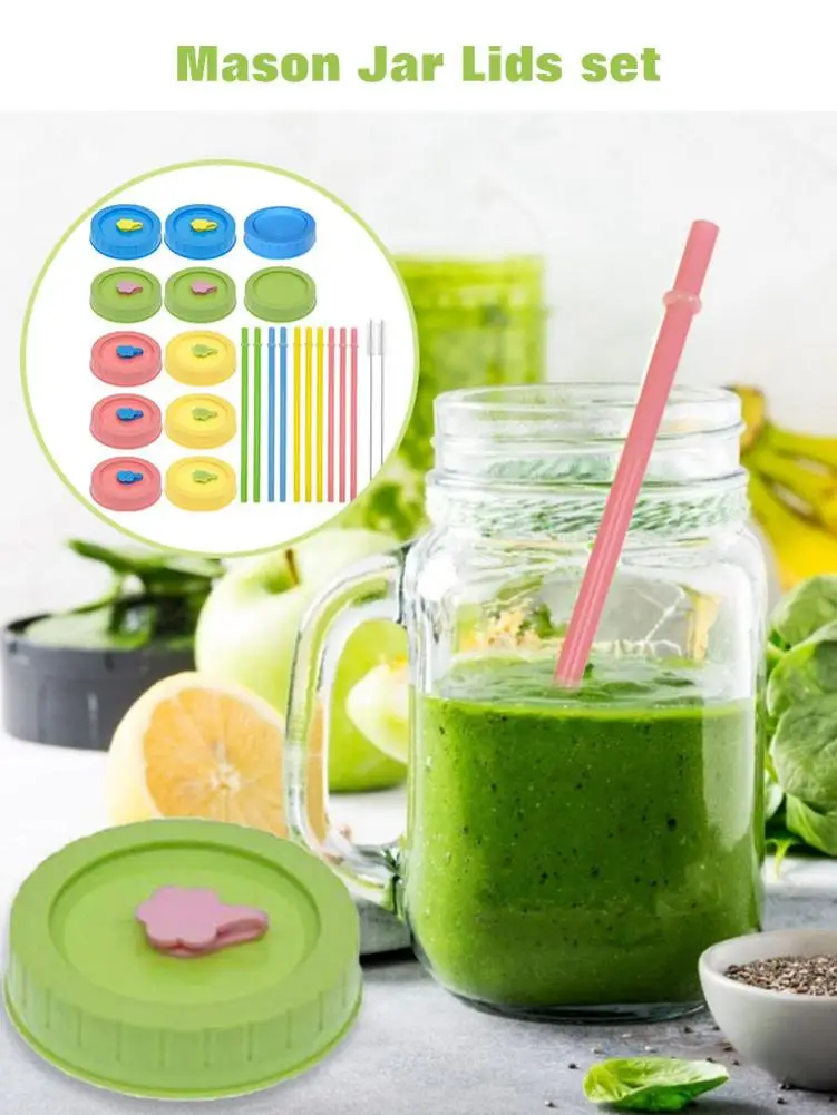 Набор крышек для банок 19/24 шт. с кисточкой чистки трубочек цветные пластиковые