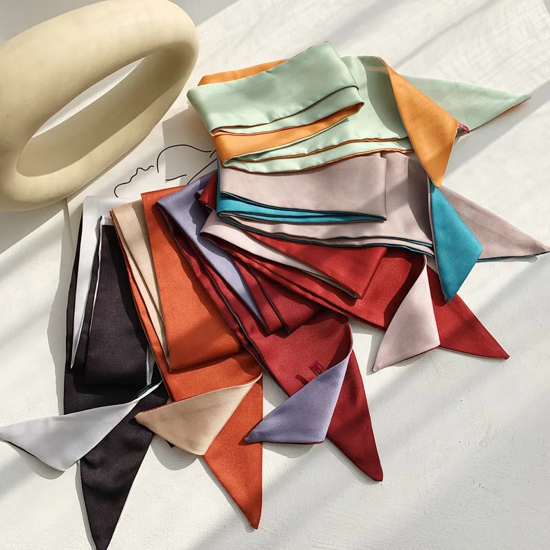 Саржевый Шелковый узкий шарф для женщин длинный ленточный модный сумка на