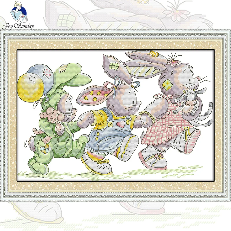 Joy Sunday-Conjunto de bordado de punto de cruz para niños, Kit de pintura de dibujos animados, conejos encantadores, Chino