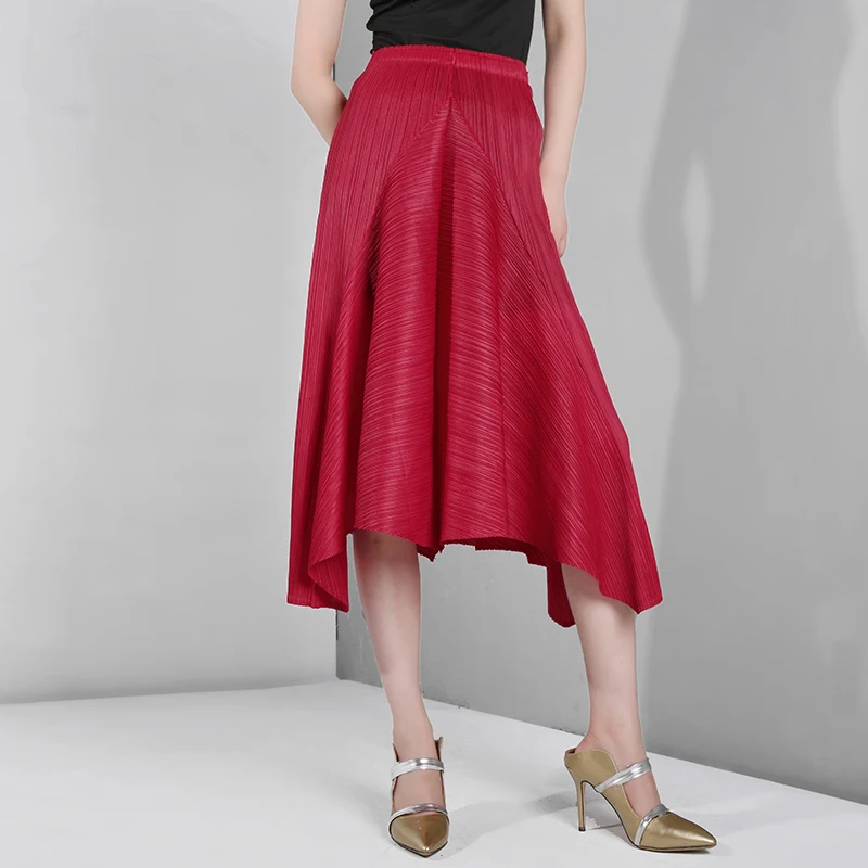 HOT SELLING Miyake fold Wide-brimmed twill pleated irregular skirt pleated skirt wine red  skirt IN STOCK