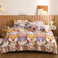 cartoon dog cat warm soft plush fleece winter bedding set thick duvet cover bed linens pillow cases childrens bedding 4pcs