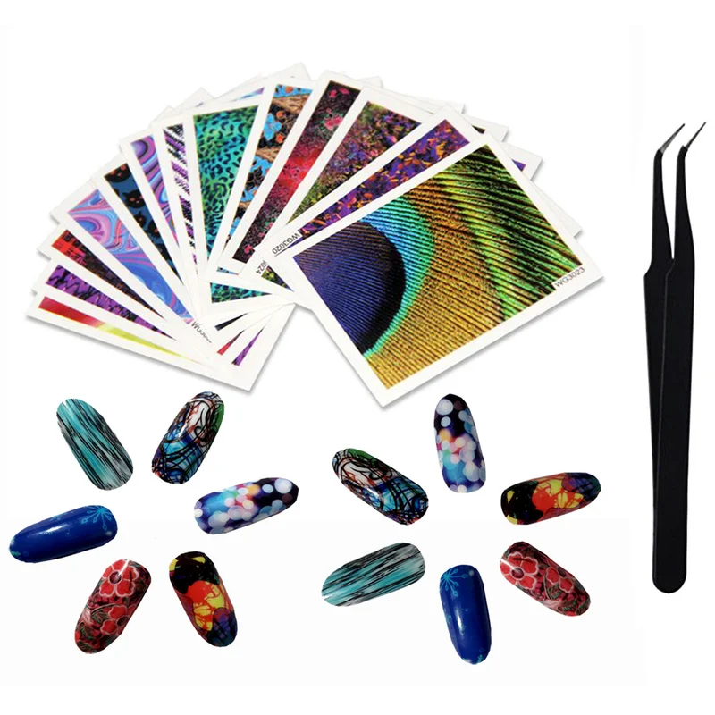 45 шт. Набор наклеек для дизайна ногтей с водяным переводом наклейки пинцетом