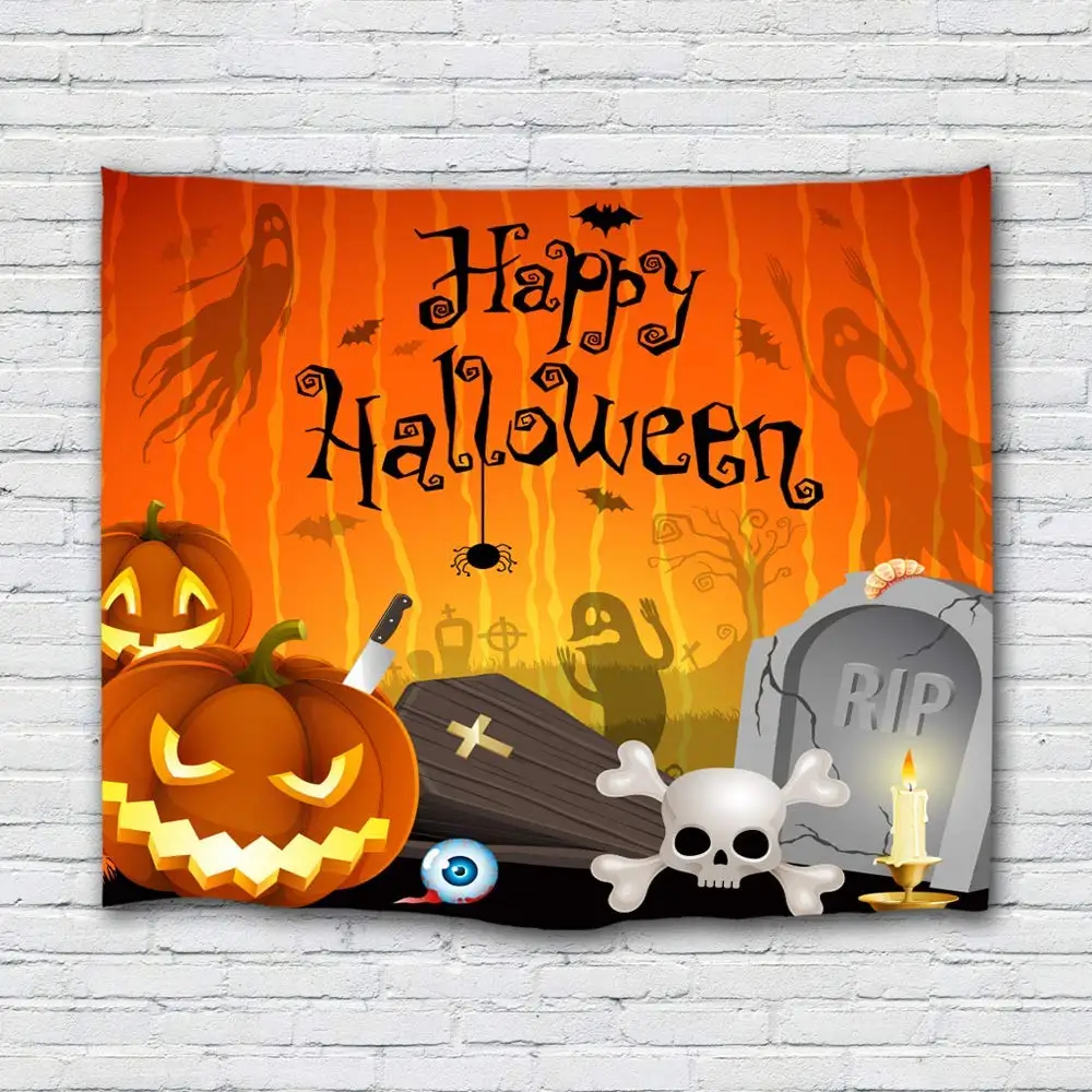 Настенный оранжевый гобелен на Хэллоуин с тыквой надгробием черепом для