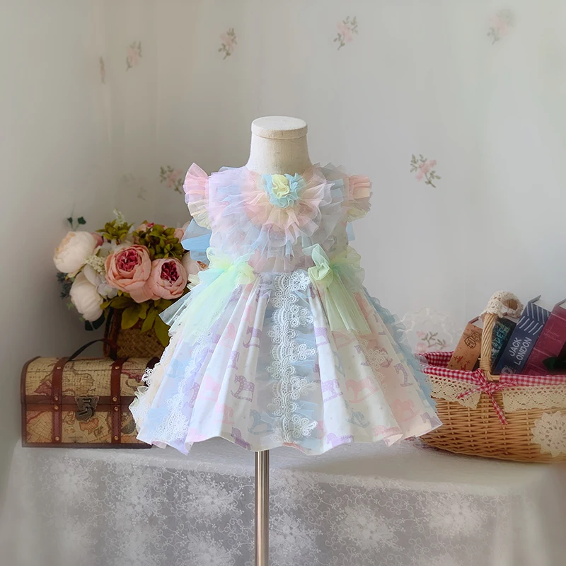 

Spanish Lolita Dress Baby Girl Princess Floral Vintage Clothes Summer Cute Girl Birthday Party Toddler Baptism Lace Dresses