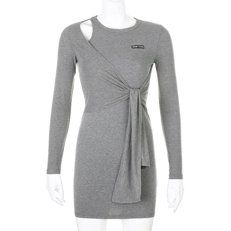 

LISM Basic Hollow Out Long Sleeve Bodycon Dress for Women Letter Applique Lace Up Bandage O Neck Slim Casual Mini Dresses