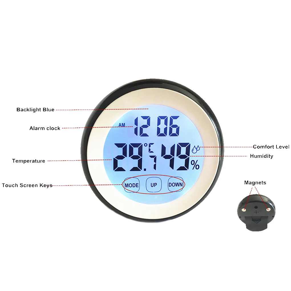 

Round Touch Thermometer Hygrometer Alarm Clock Home Electronic Temperature Humidity Measuring Device