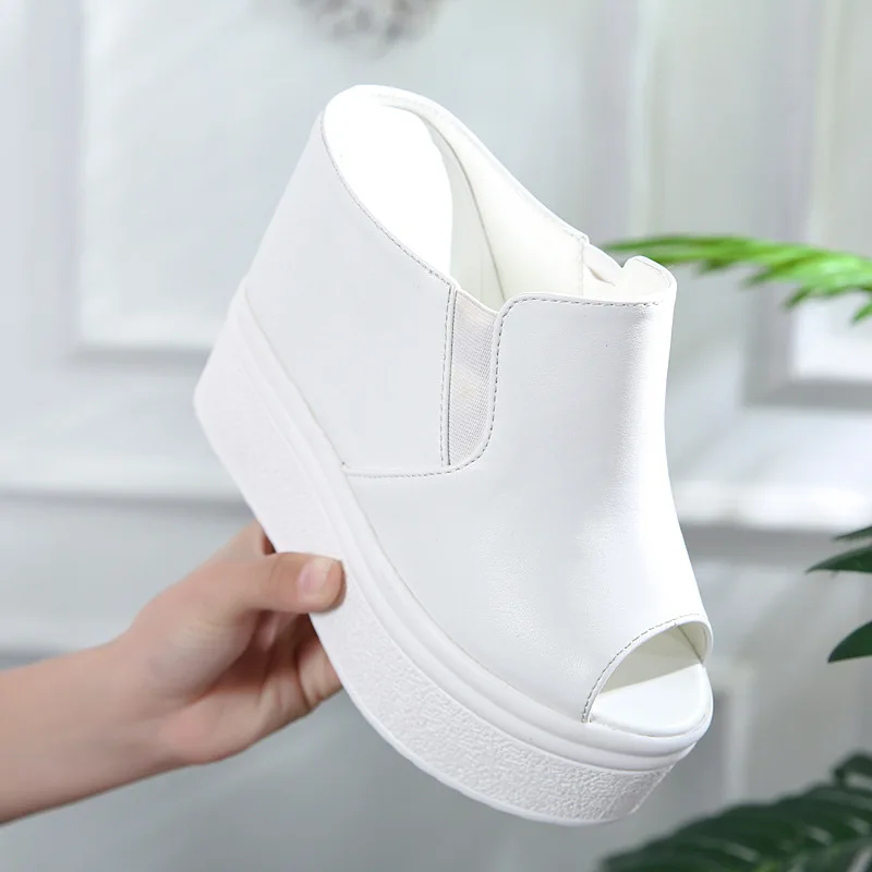 2020 Summer New Fashion Sexy Fish mouth Non-slip Sponge cake Wedges Thick bottom Shallow Slides Solid Outside 13cm High Heels