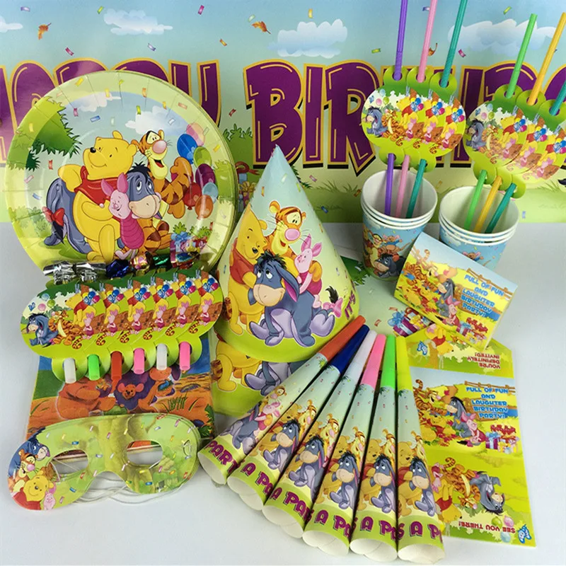 117Pcs Winnie the Pooh Party Disposable Tableware Set Plates Cup Napkin Hat Decorations Baby Shower Kids Favor Supplies
