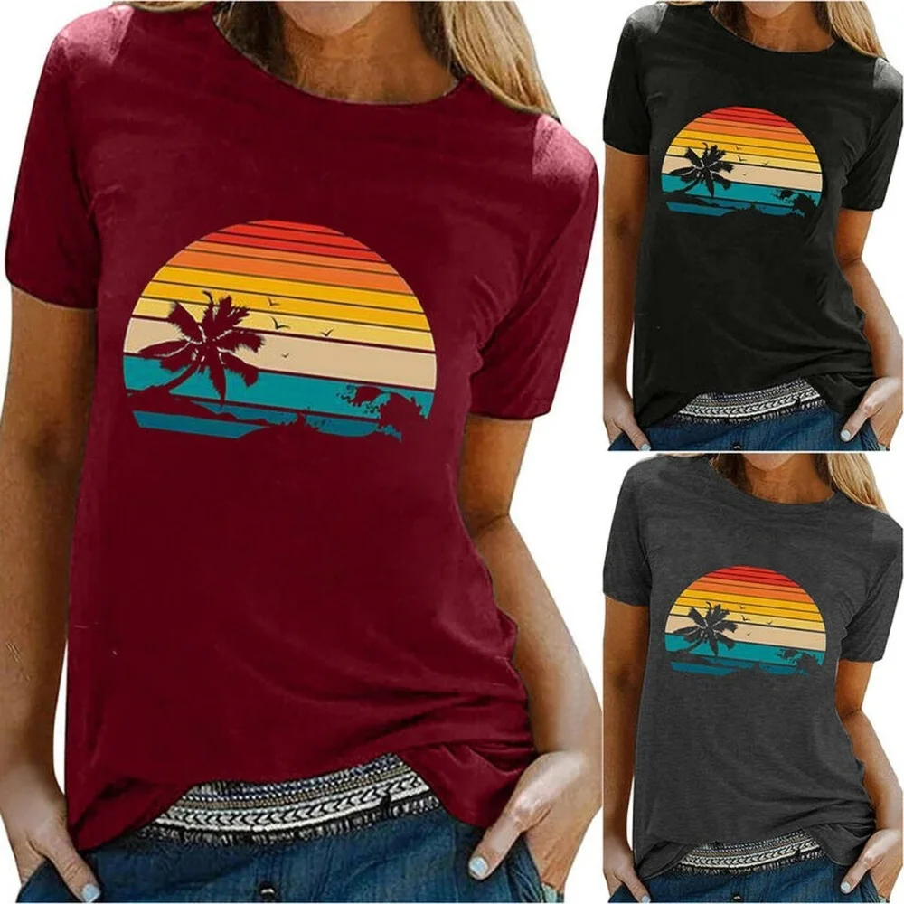 

Women Sunset Basic Clothes Casual T-shirts Short Sleeve Crew Neck Fashion Tops
