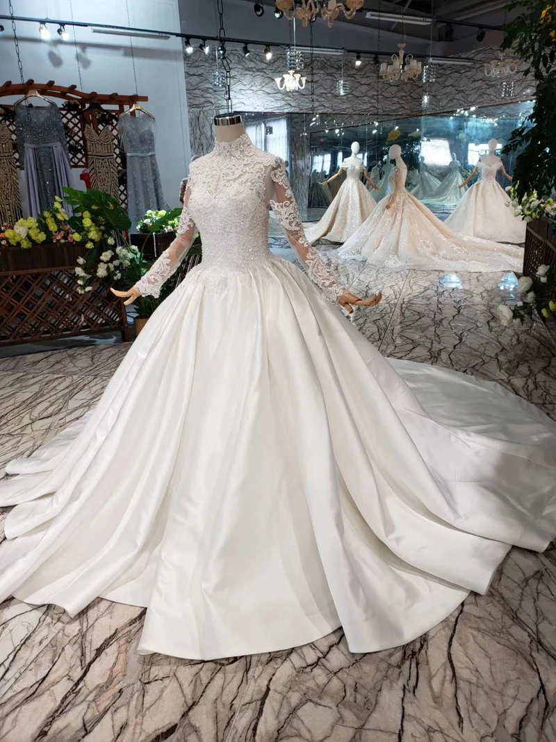 Атласное мусульманское свадебное платье BGW HT5611 с высоким воротом длинными