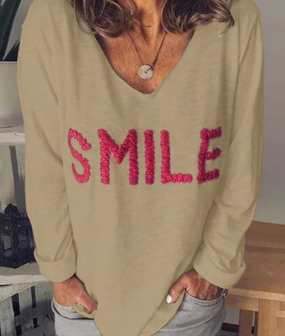 

Women's long-sleeved Letter embroidery T-shirt V-neck Korean loose casual tops