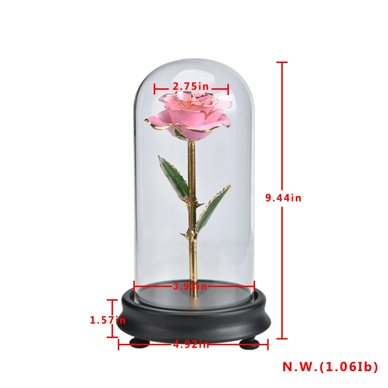 Реалистичная розовая в стеклянном куполе из 24 каратного золота искусственный