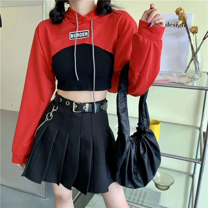 

Woman Cropped Hooded Sweatshirt Gothic Pullover Aesthetic Streetwear Harajuku Short Sexy Korean Pop Tops Fashion Vintage Tops