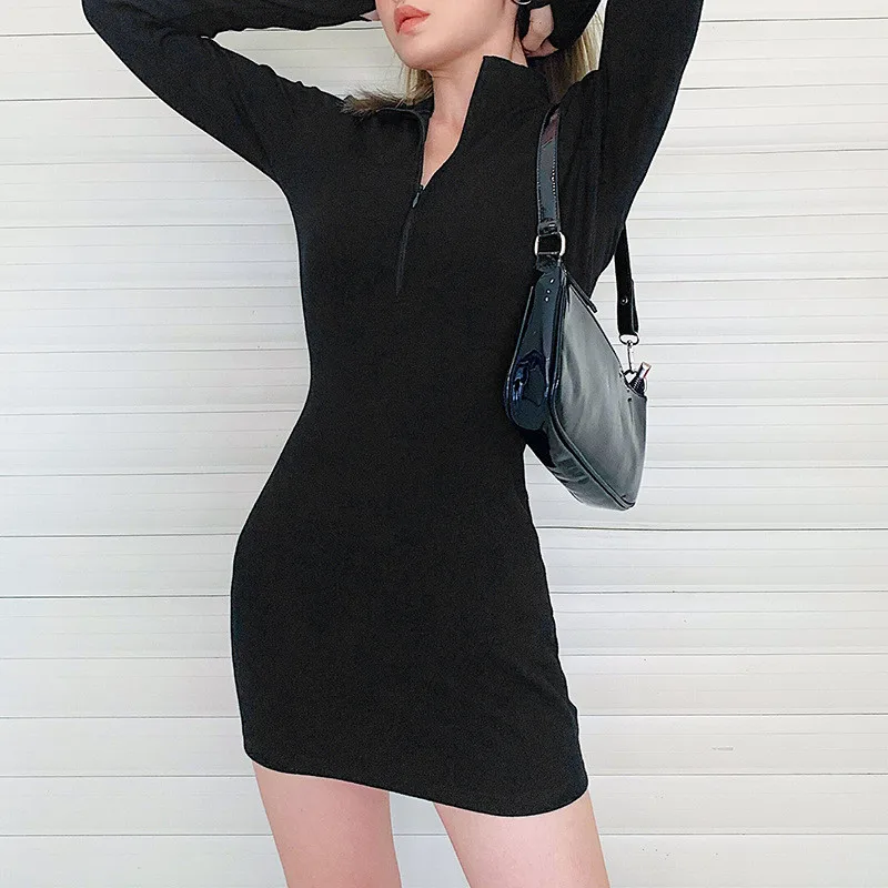 

Женское пикантное облегающее мини-платье, Клубное платье с длинным рукавом, воротником-стойкой, молнией спереди, однотонное Ребристое трик...