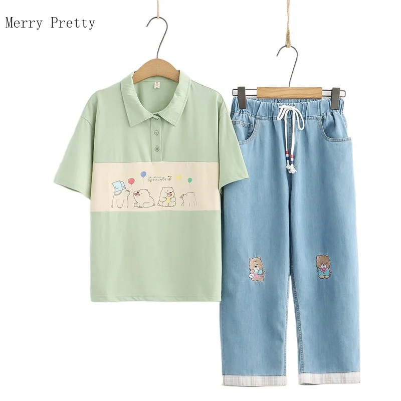 

Women Casual Pant Sets Short Sleeve Turndown Collar Cotton T Shirts And Cartoon Embroidery Denim Pants 2021 Summer 2 Piece Set