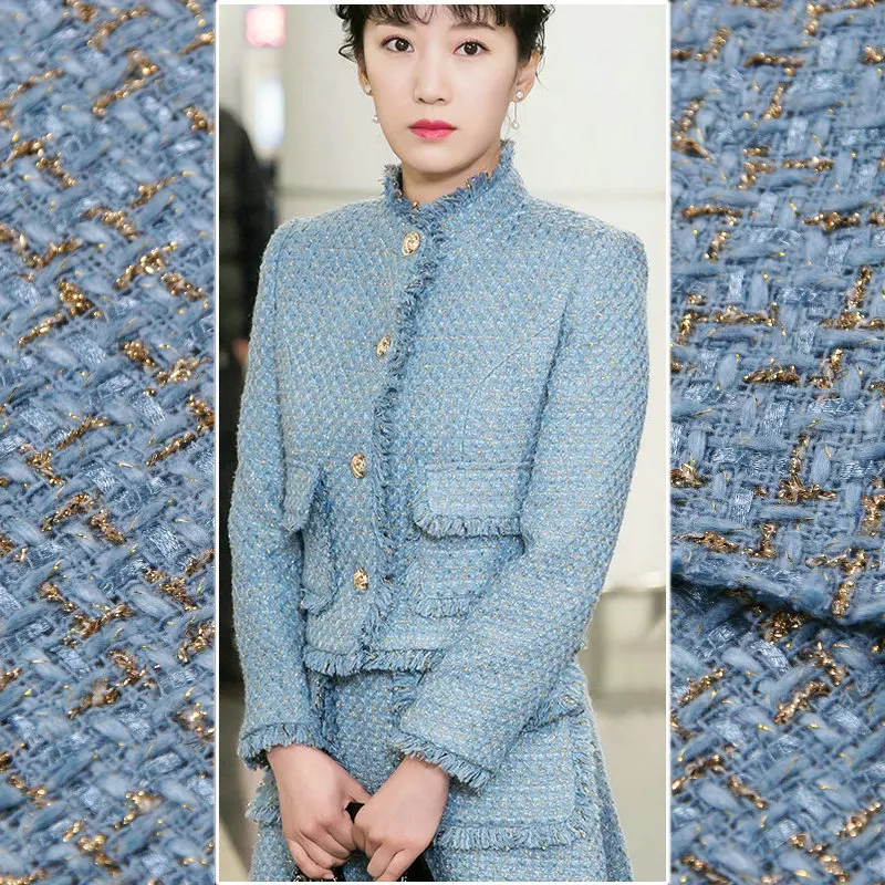 Blue Color Gold Strip Thick Wool Tweed Fabric 50x150cm Yarn Dyed Braided Tweed Fabric For Women Overcoat Warm Tweed Coat Fabric