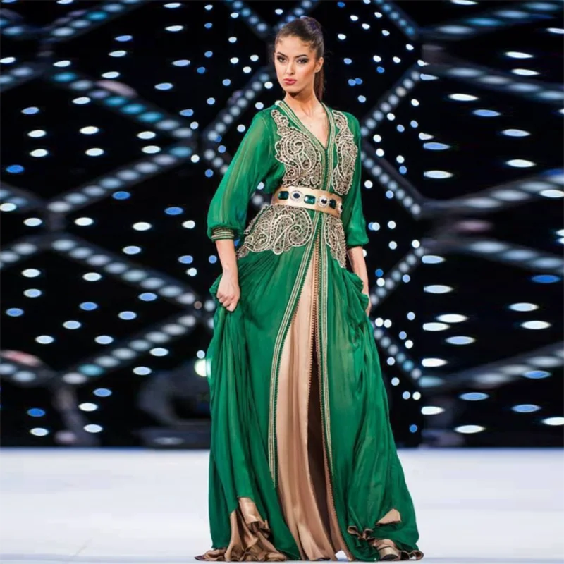 

Мода зеленый марокканское Черное кружево с длинным рукавом вечернее платье с кружевной аппликацией в виде кристаллов мусульманских длинны...