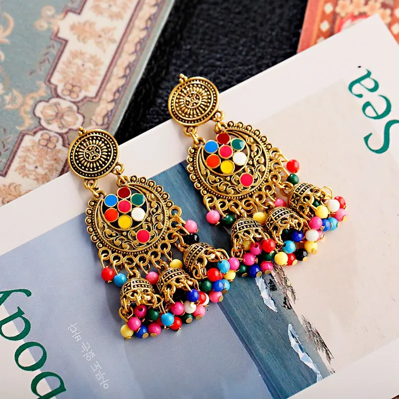 OIQUEI 2019 винтажные индийские женские серьги Jhumka с большими колокольчиками и