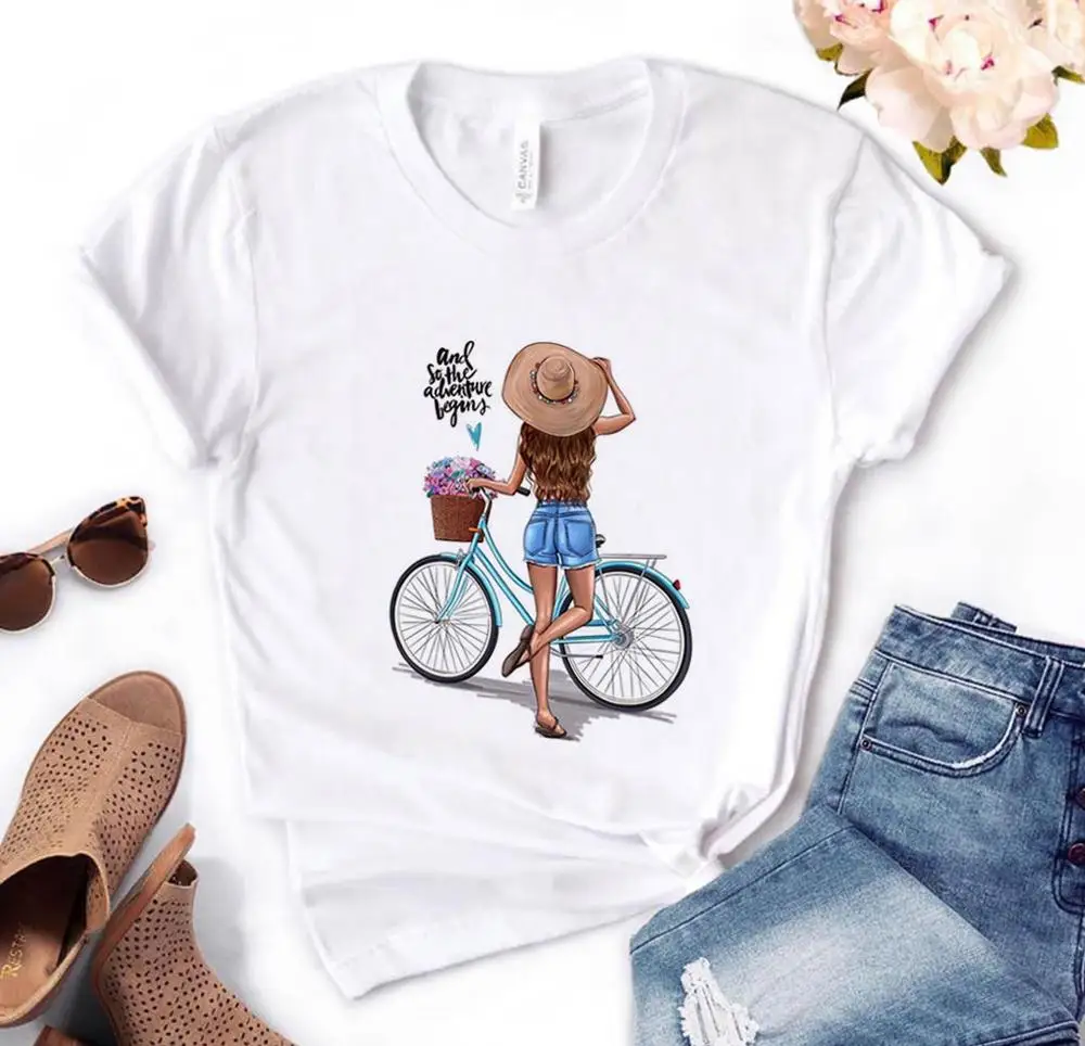 

and so the adventure begins girl mom bicycle Women tshirt Cotton Casual Funny t shirt Gift For Lady Yong Girl Top Tee PM-60