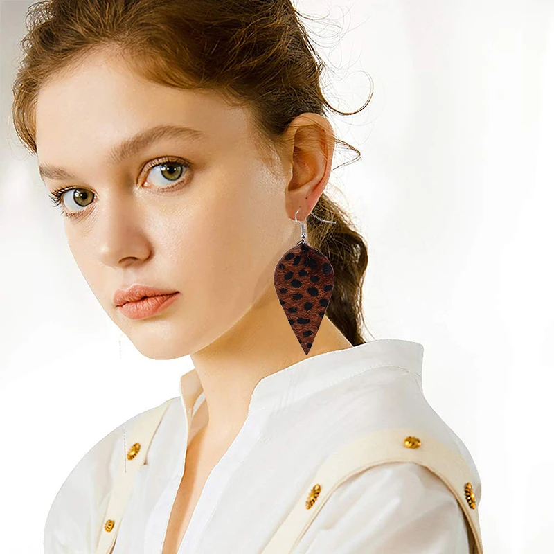 Летняя любовь Бохо капля листа с леопардовым принтом кожаные серьги классические ПУ с падением для женщин большой украшения.
