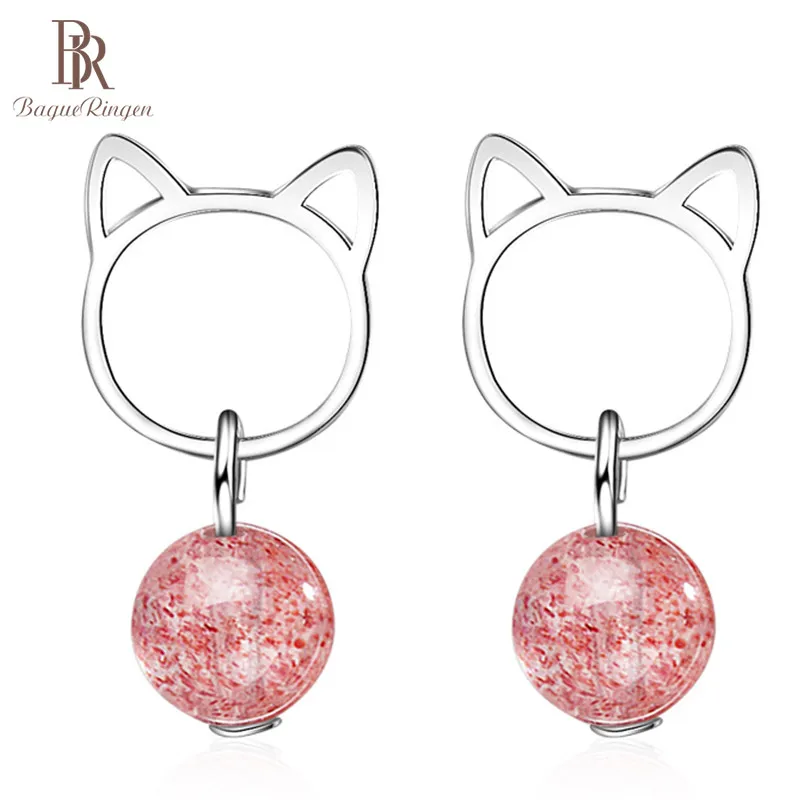 Женские серьги в форме кошки с кристаллом виде клубники|Серьги-подвески| |
