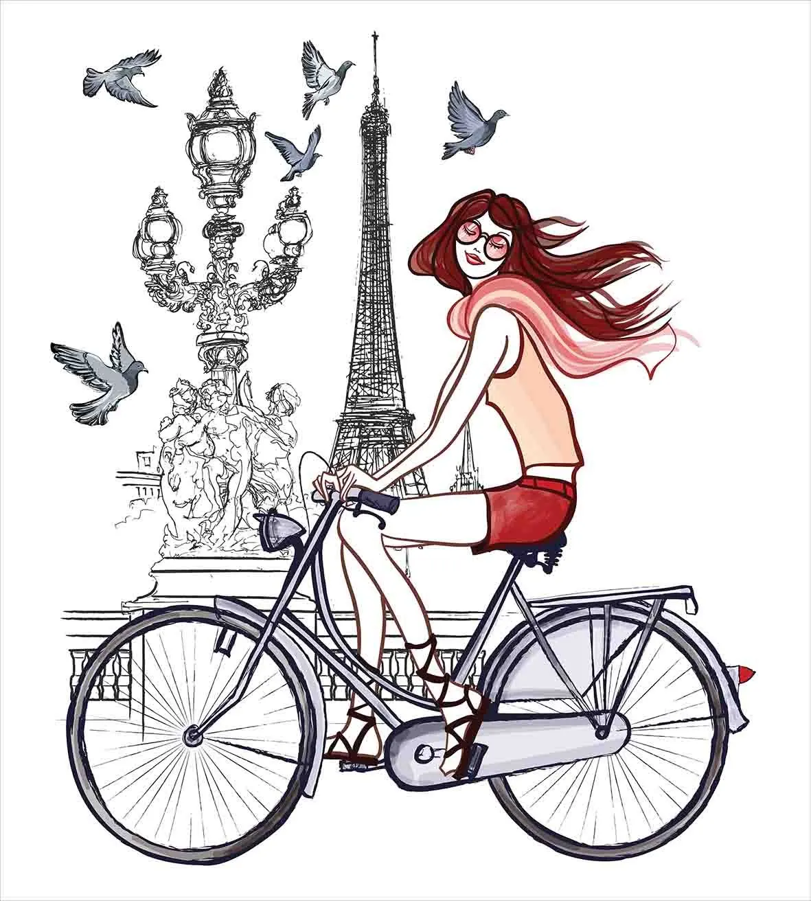 Eiffel Tower Duvet Cover Set Illustration of a Woman on Alexander III Bridge in Paris Riding Bike Decorative 3 Piece Bedding | Дом и сад