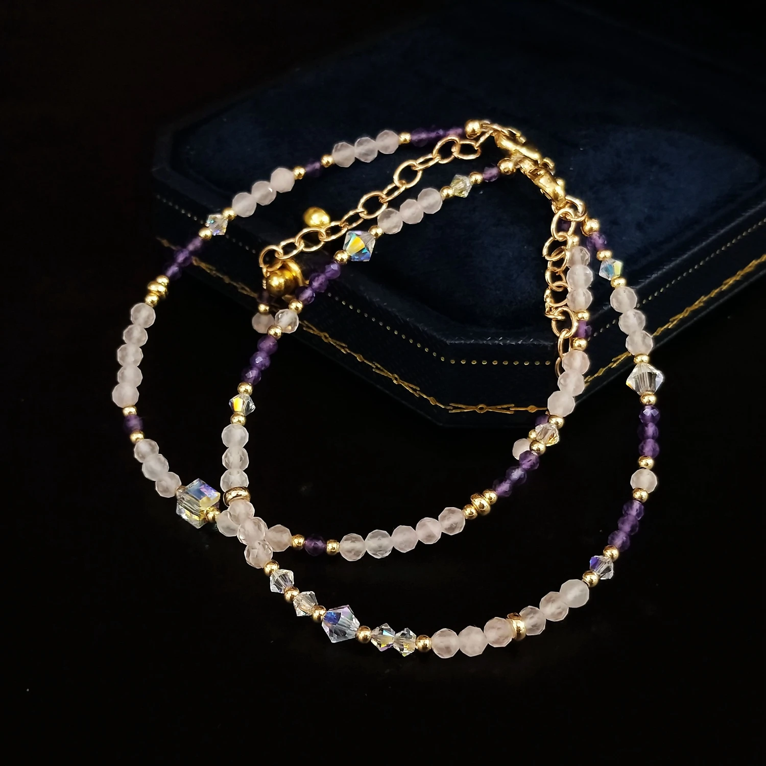 

Lii Ji Rose Quartz Amethyst Austrian Crystal 14K Gold Filled Bracelet 18+4cm Natural 2mm Stone Handndmade Jewelry For Women Gift
