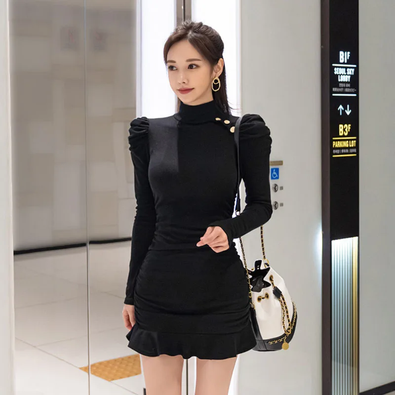 

Women Sexy Flounced Edge Knitting Dresses New Autumn Winter Korean Fashion Temperament Grace Turtleneck Long Sleeve Office Dress