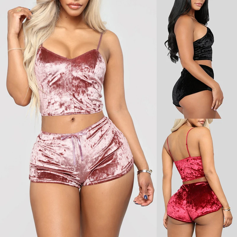 Модная женская одежда для сна 2 шт. бархатный сексуальный пижамный комплект с