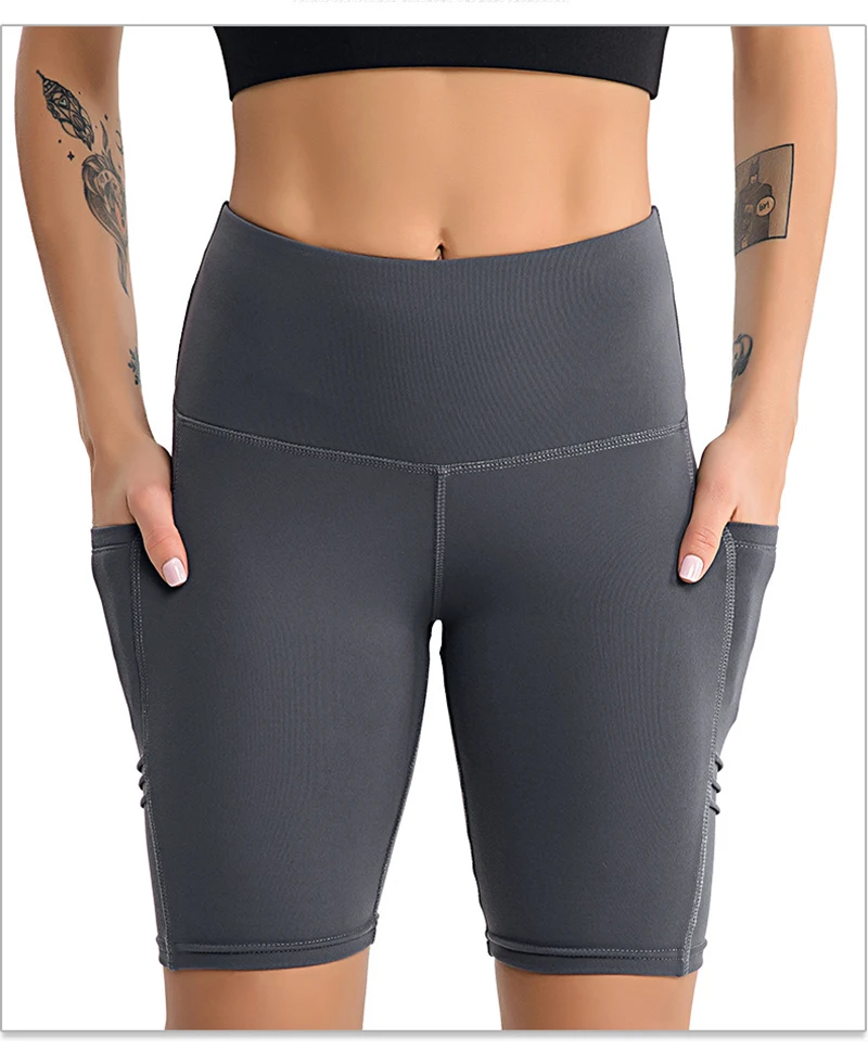 Light grey Шорты для йоги, одежда для спортзала, женская одежда для фитнеса с карманом, для занятий спортом, для тренировок, эластичные короткие леггинсы для тренировок, женские обтягивающие леггинсы для бега - Цвет: Light grey