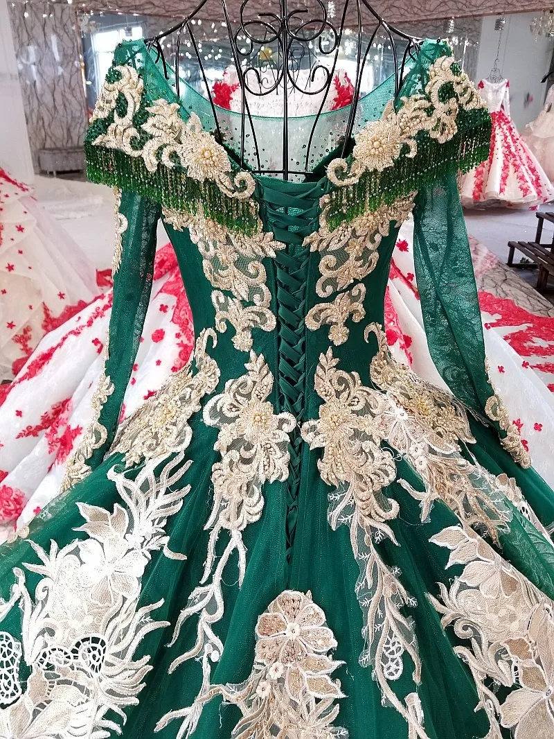 BGW 21817ht Green Evening Dress Party O-neck Lace Up Back Long Sleeve Gown 2020 Color Flowers Ball Vestido De Festa | Свадьбы и