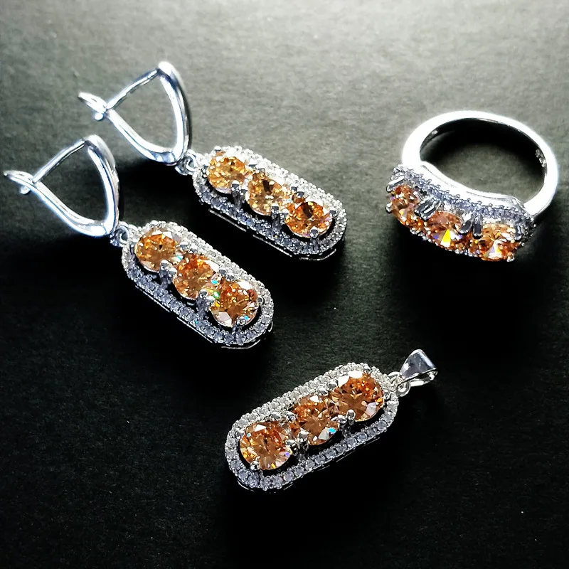 Bague Ringen, геометрическое серебро 925, ювелирные наборы для женщин, сапфир, рубин, аметист, изумруд, кольцо с камнями, серьги, ожерелье, вечерние
