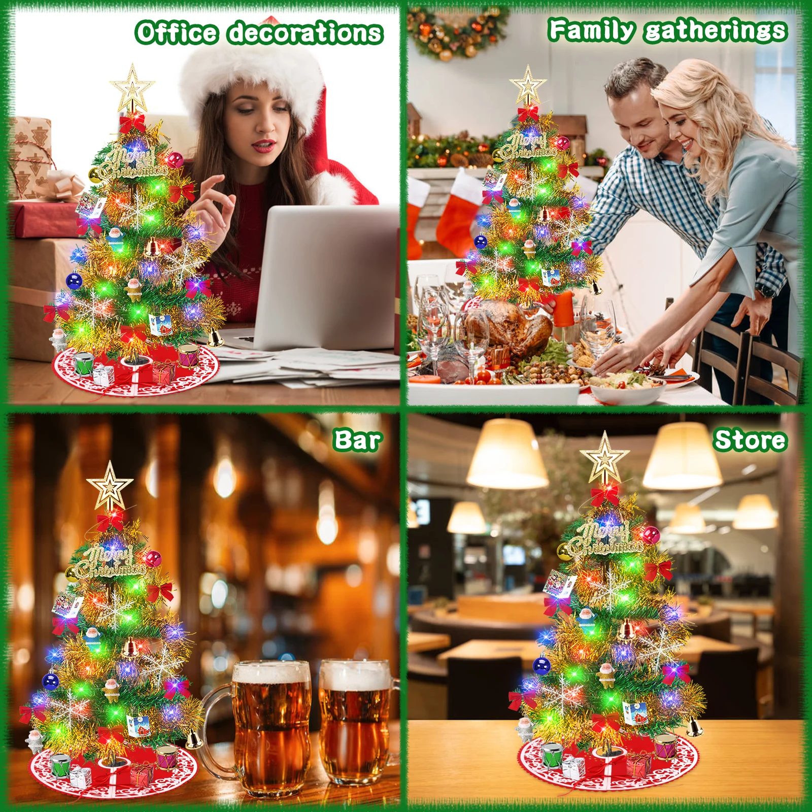 60cm Tabletop Artificial Mini Christmas Tree with LED String Lights Xmas Tree Skirt and 30pcs Hanging Ornaments for Party Decor images - 6