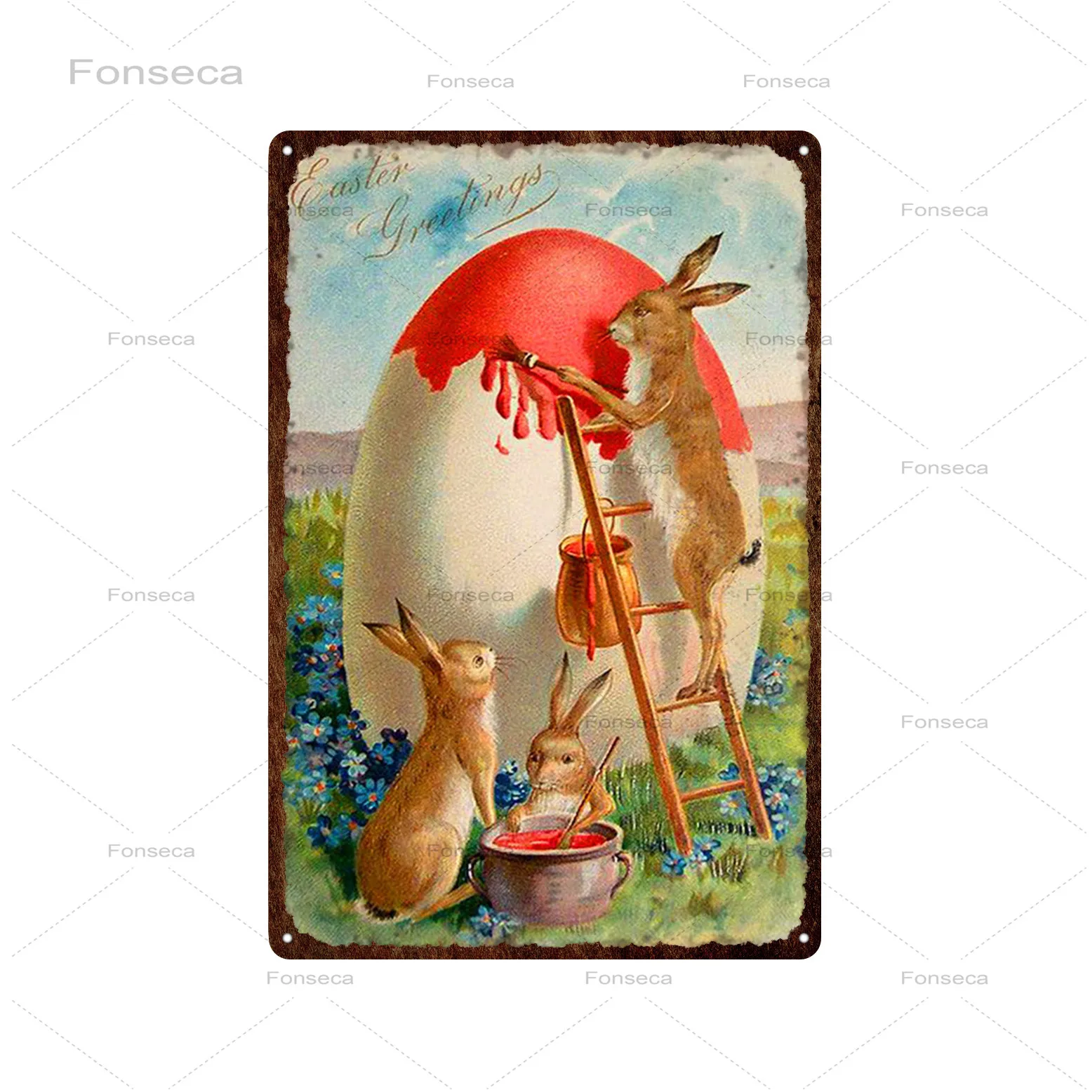 Cartoon Raabbit Vintage Metal Tin Sign Poster Cute Animal Flowers Plaques for Home Family Easter Egg Hunt Party Gift Wall Decor | Дом и сад