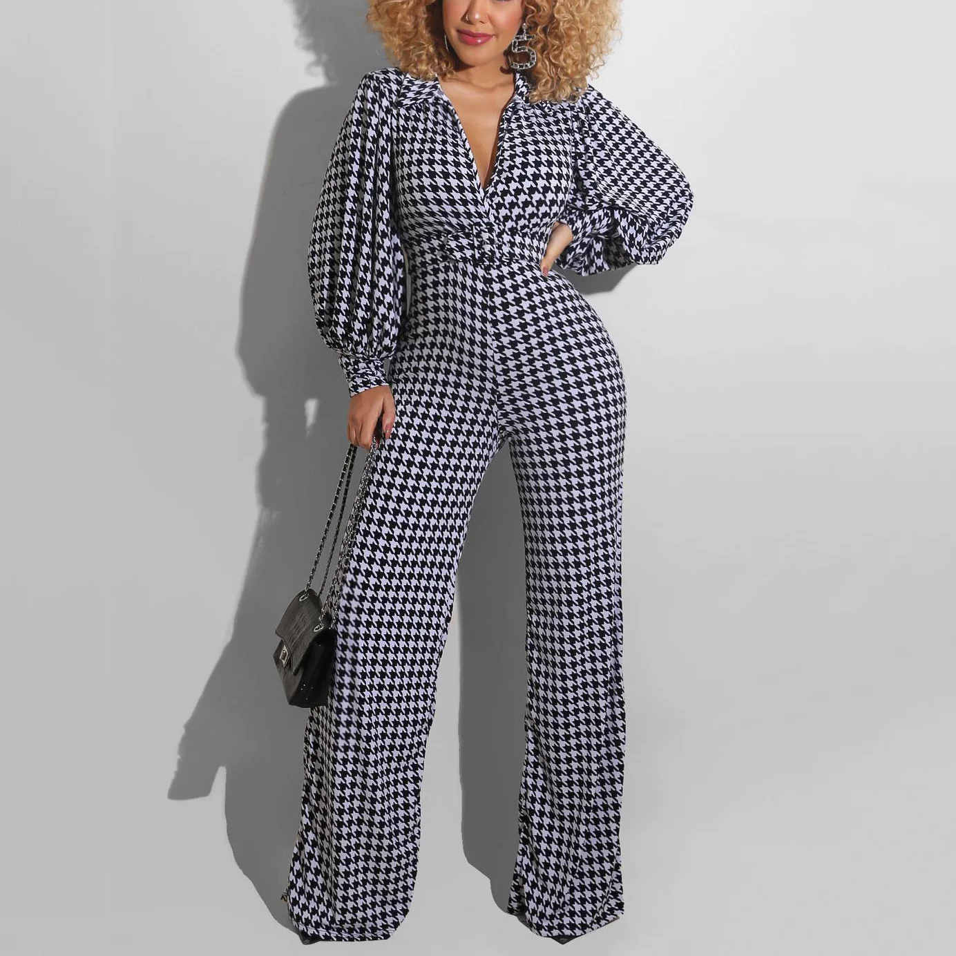 4xl 5xl Plus Size Houndstooth Jumpsuits Long Turn Down Collar Full Sleeve High Waist Elegant For Evening Party Night Rompers New