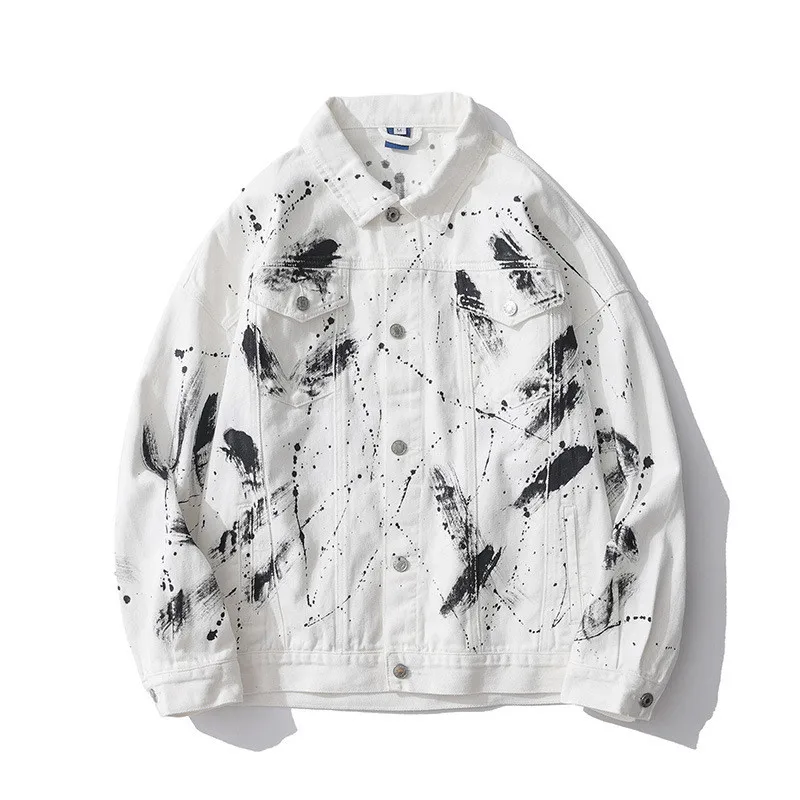 

ABOORUN 2021 Men's Fashion Graffiti Denim Jackets Oversized Printed Jean Jackets Hip Hop Cotton Coat for Male