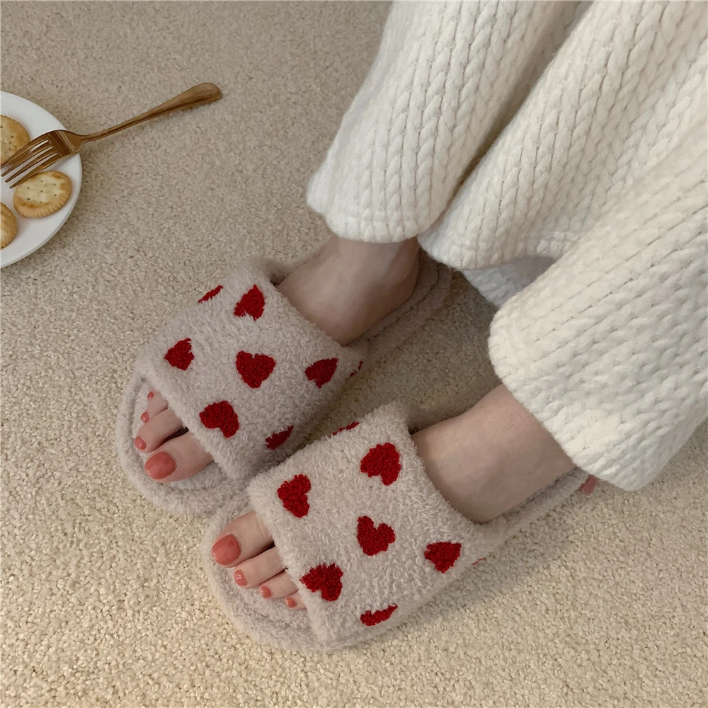 Winter New girl's Heart Indoor Non-slip Flat Cotton Slippers Soft Bottom Household Warm Plush Confinement Shoes Female Cute and