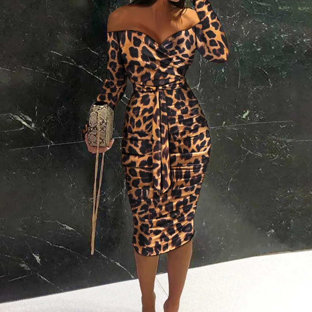 

Autumn New 2021 Fashion Women Dress Leopard Printing Strapless Sexy Long Sleeve Bandage One Word Collar Tight Dress Women
